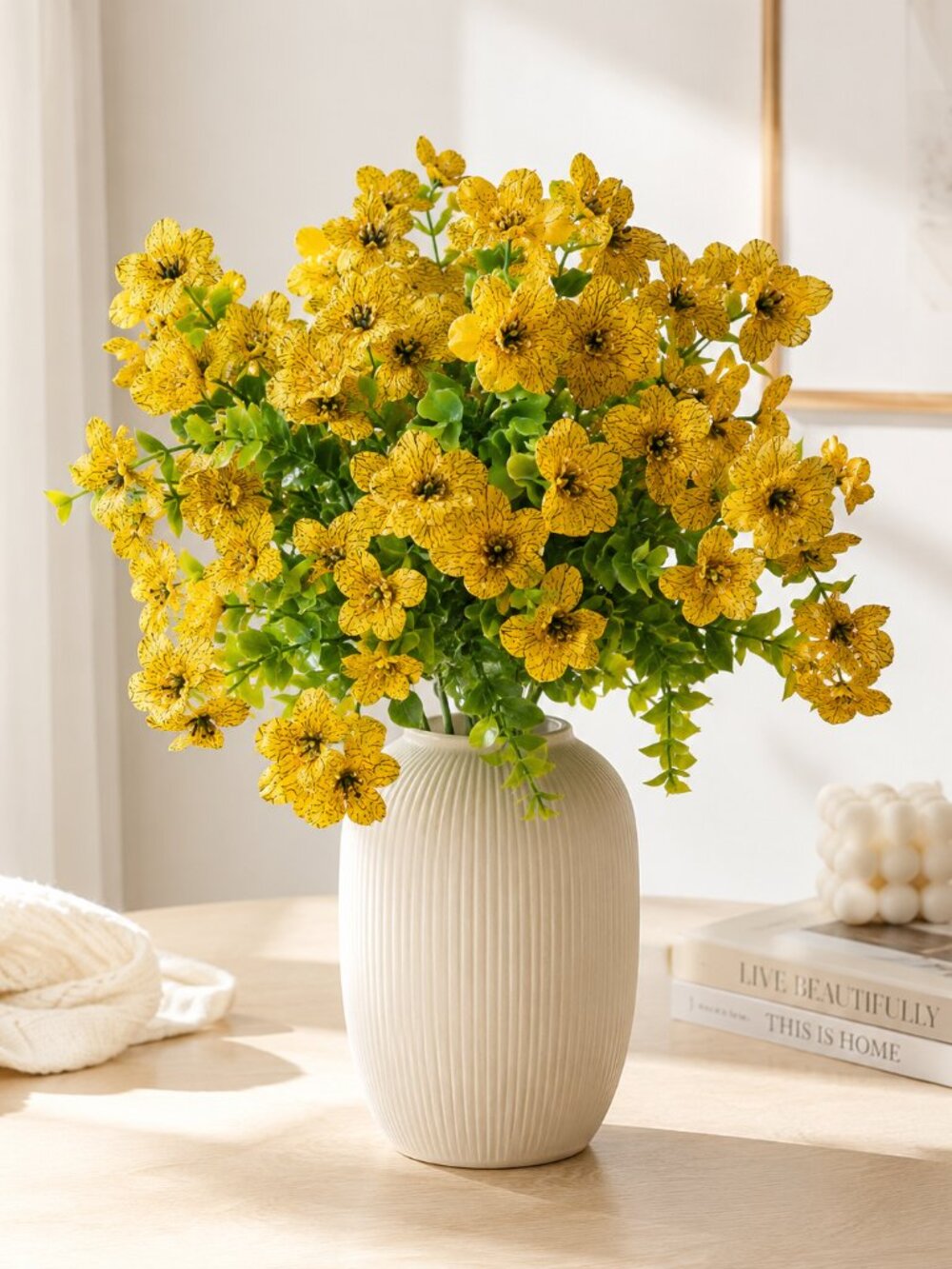 3 Bundles Artificial Yellow Flowers Green Leaves Floral Home Decor